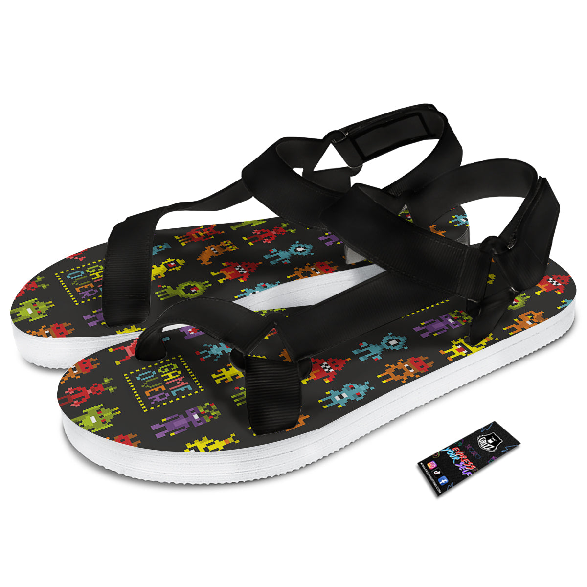 Game Monsters 8-Bit Video Print Pattern Black Open Toe Sandals-grizzshop