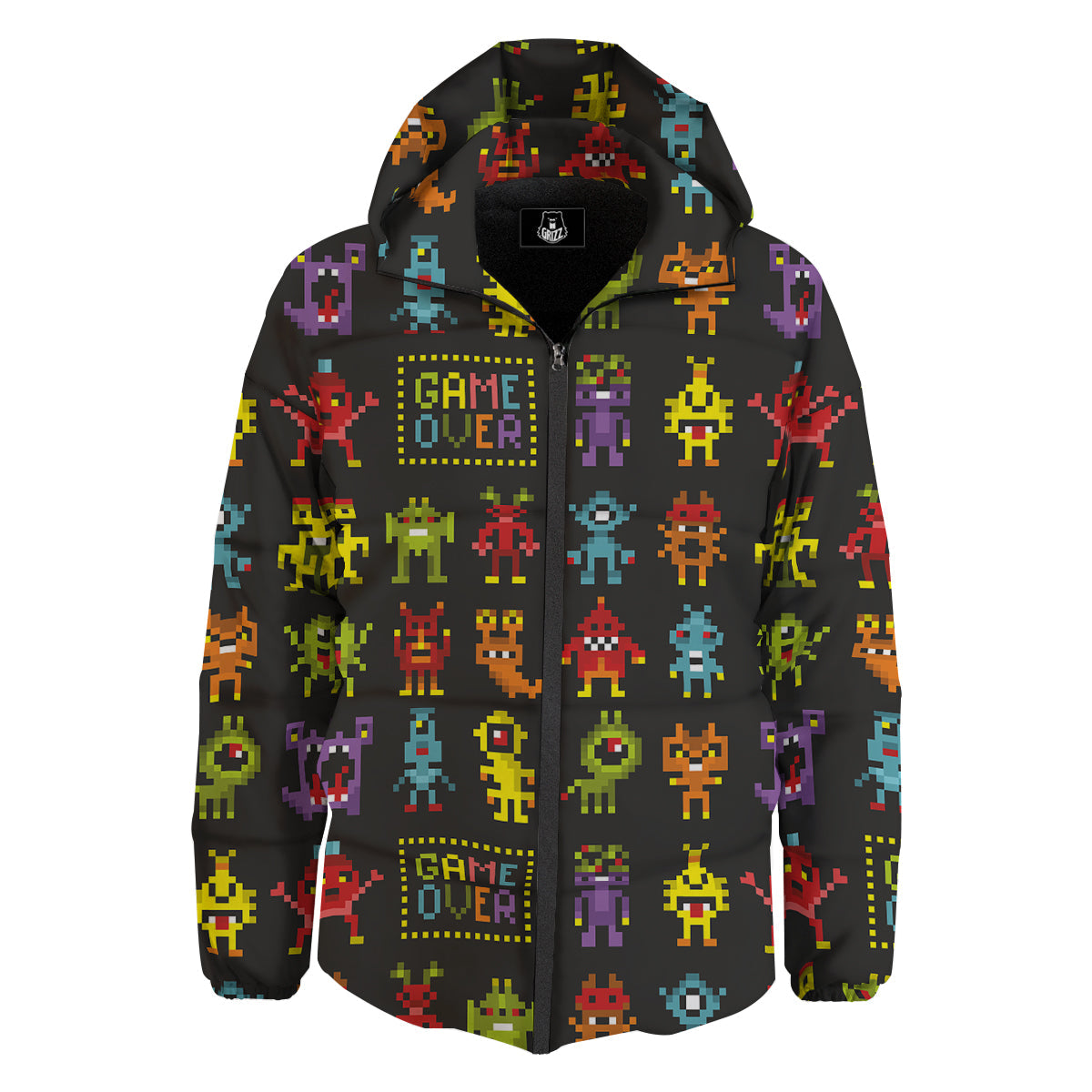 Game Monsters 8-Bit Video Print Pattern Down Jacket-grizzshop