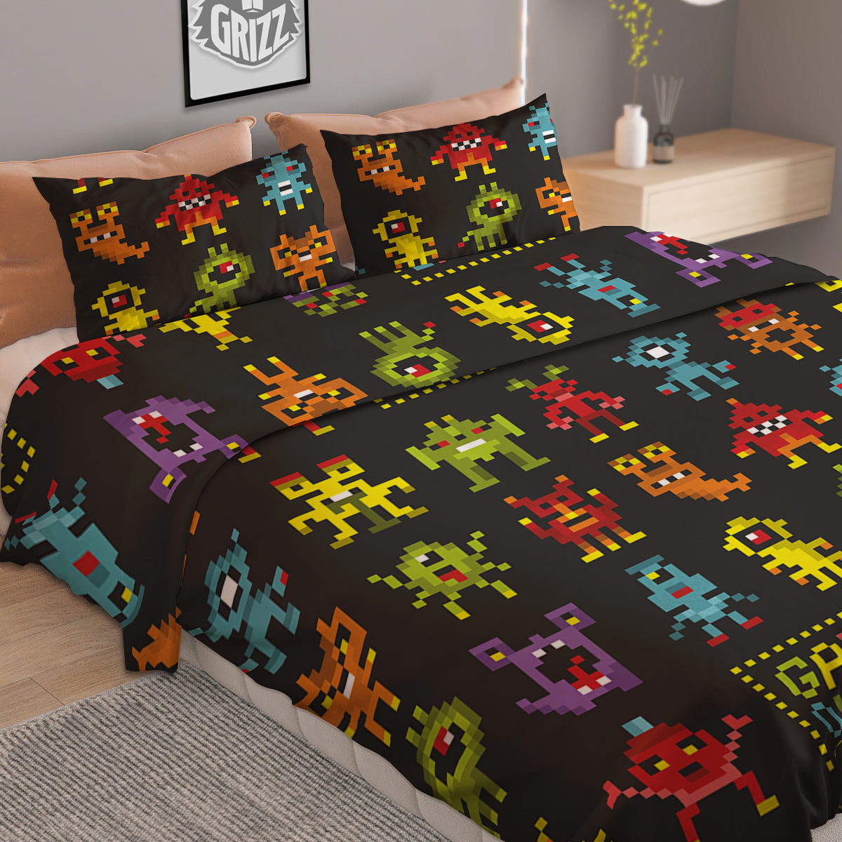 Game Monsters 8-Bit Video Print Pattern Duvet Cover Bedding Set