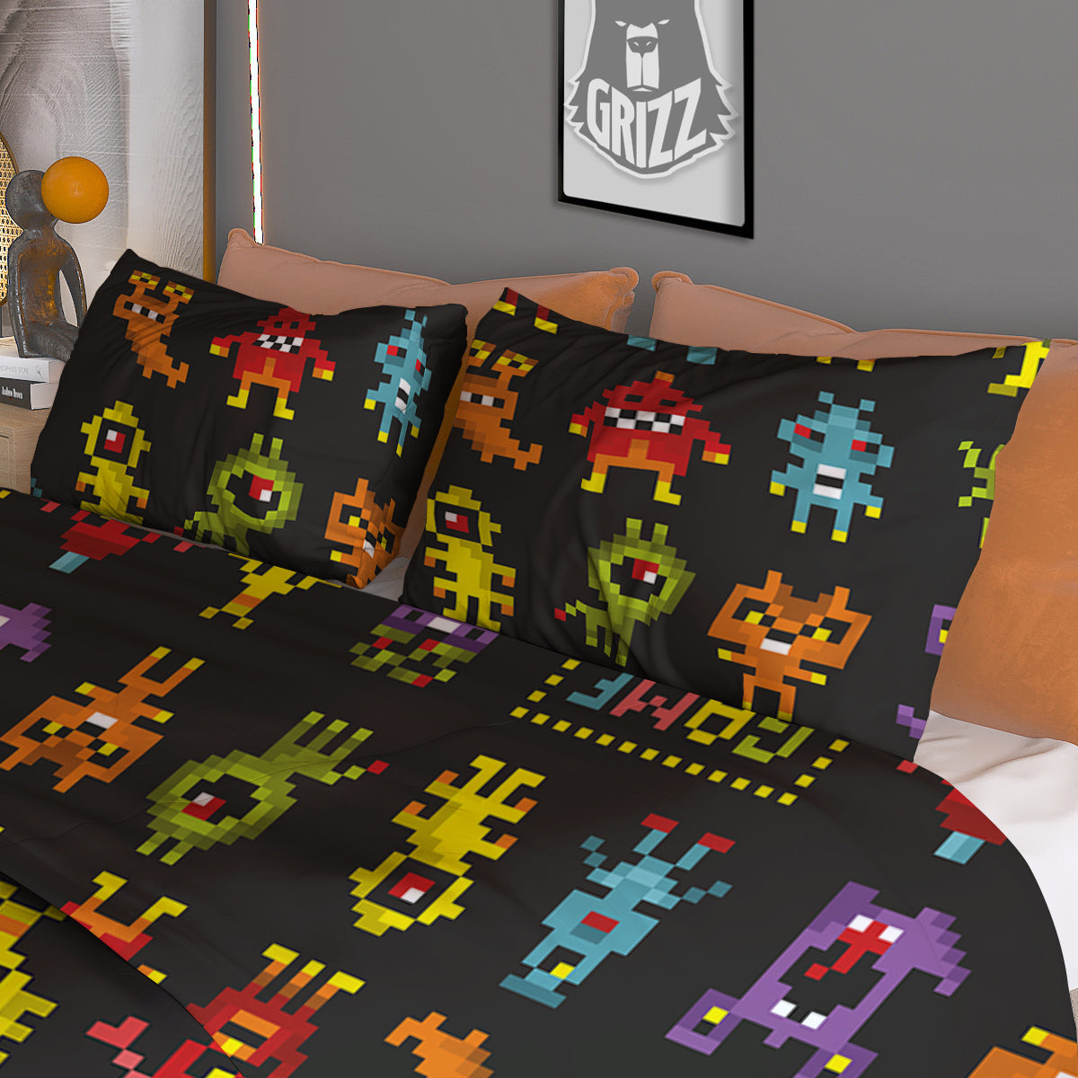 Game Monsters 8-Bit Video Print Pattern Duvet Cover Bedding Set