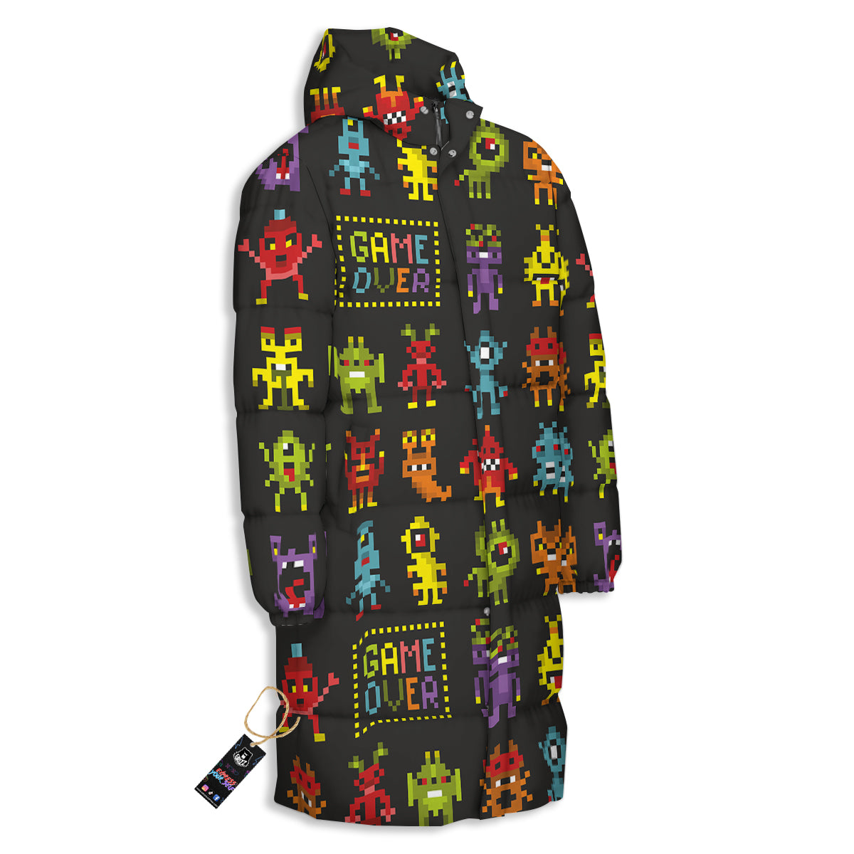Game Monsters 8-Bit Video Print Pattern Long Down Jacket-grizzshop