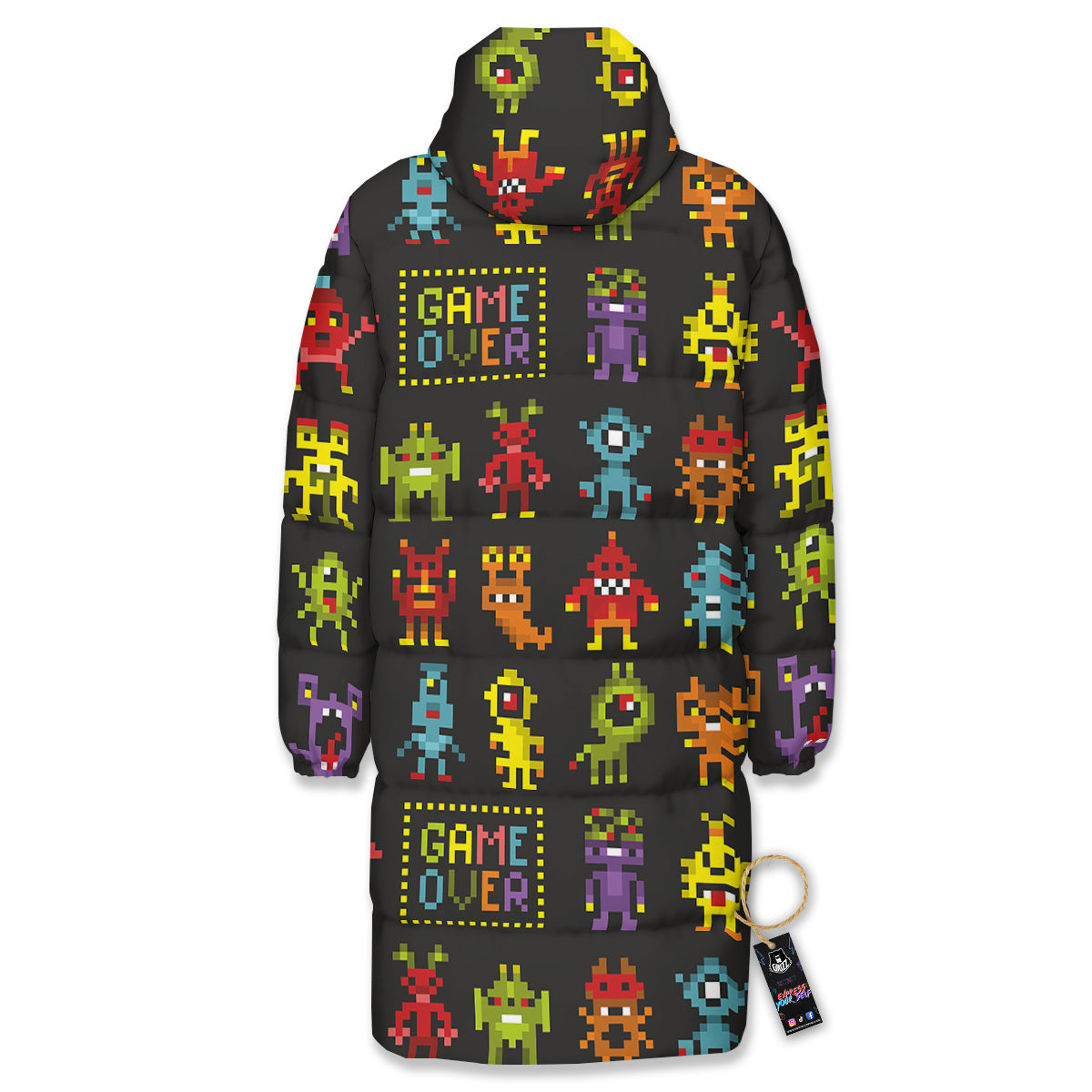 Game Monsters 8-Bit Video Print Pattern Long Down Jacket-grizzshop