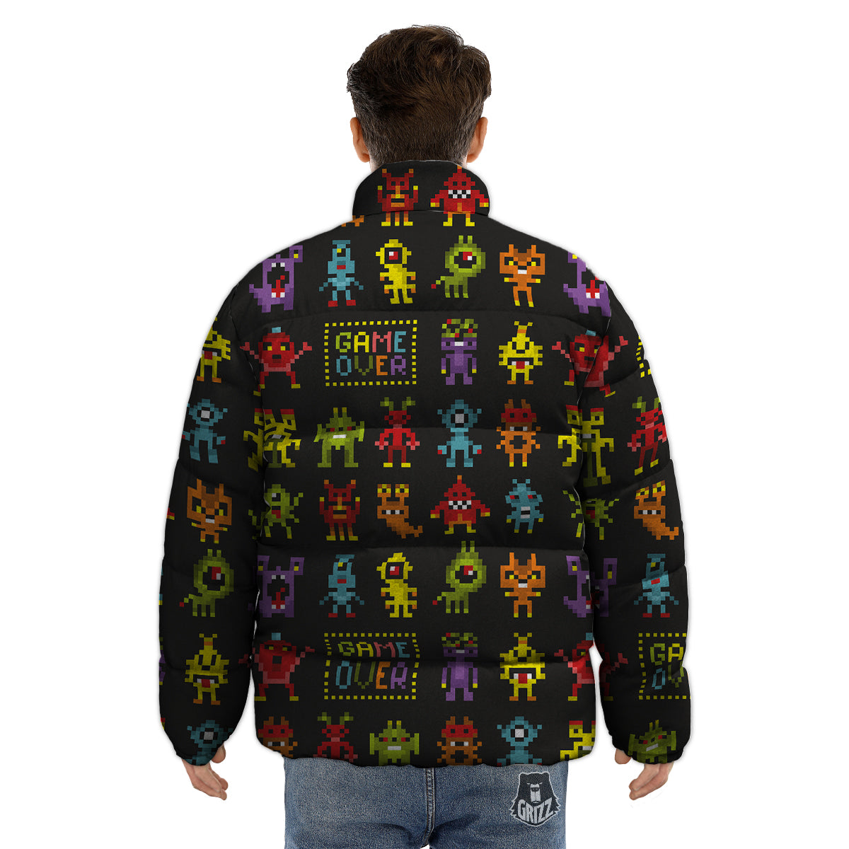 Game Monsters 8-Bit Video Print Pattern Puffer Jacket-grizzshop