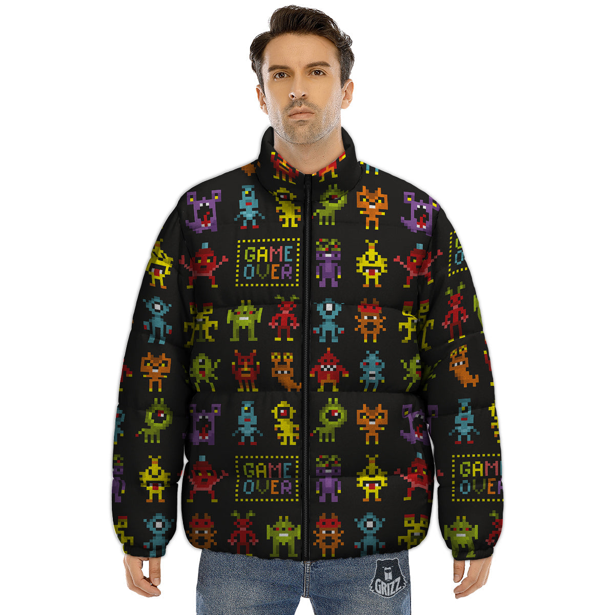 Game Monsters 8-Bit Video Print Pattern Puffer Jacket-grizzshop