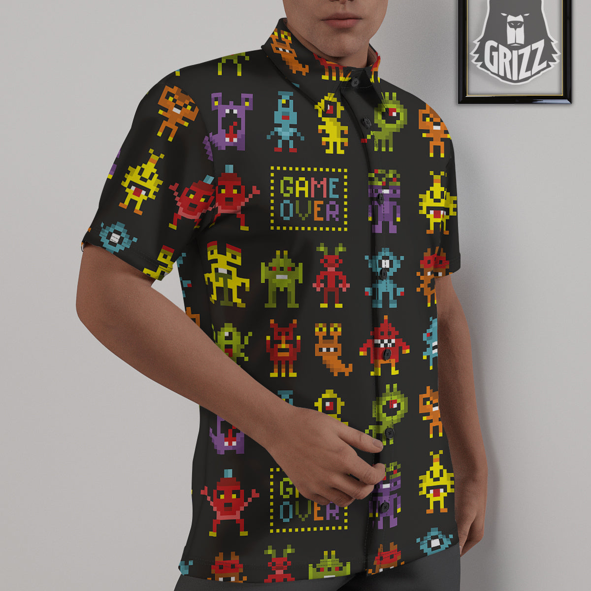 Game Monsters 8-Bit Video Print Pattern Untucked Shirts-grizzshop