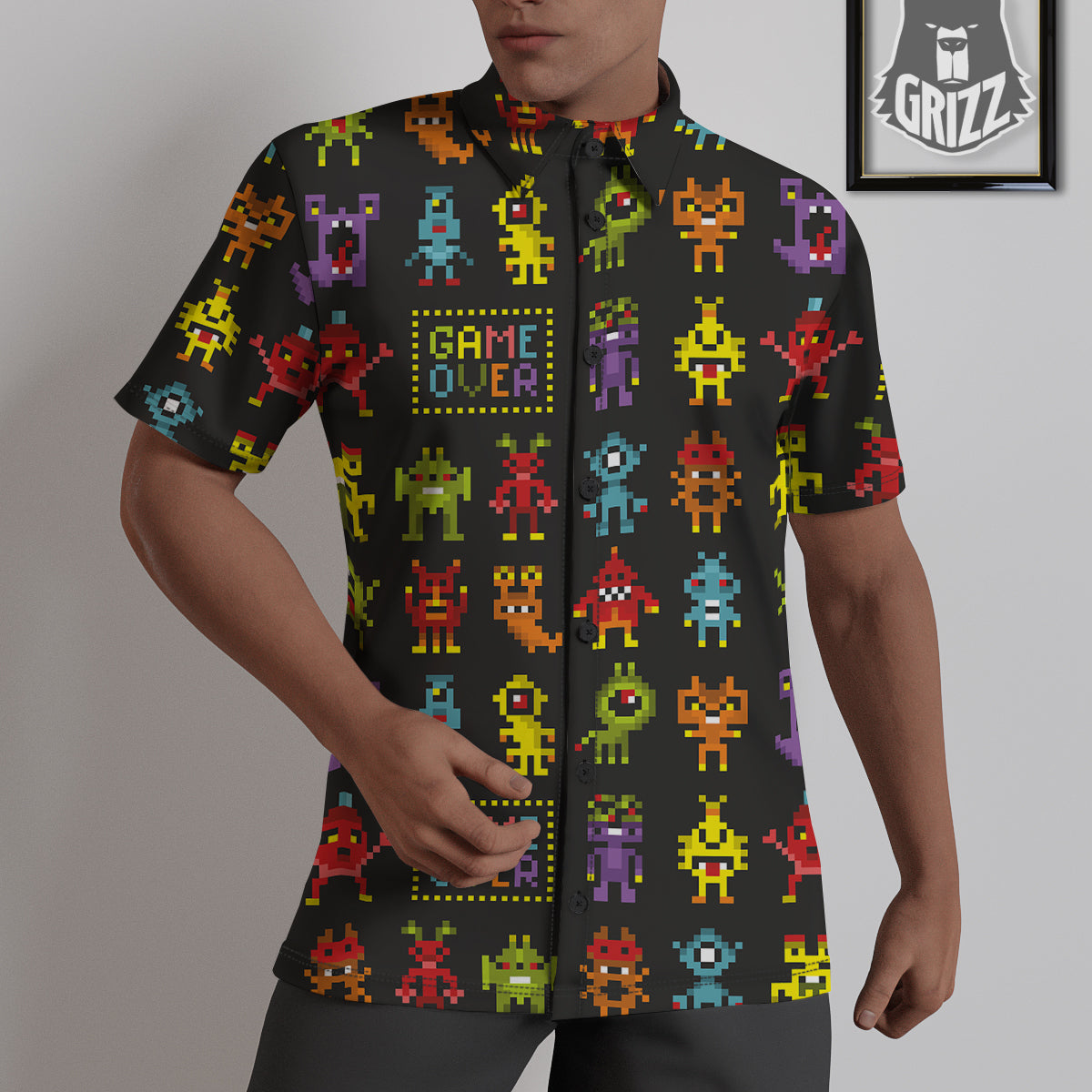 Game Monsters 8-Bit Video Print Pattern Untucked Shirts-grizzshop