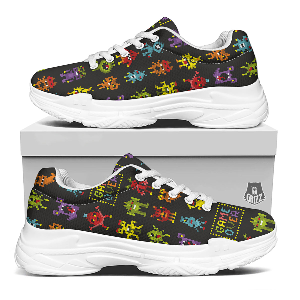 Game Monsters 8-Bit Video Print Pattern White Chunky Shoes-grizzshop