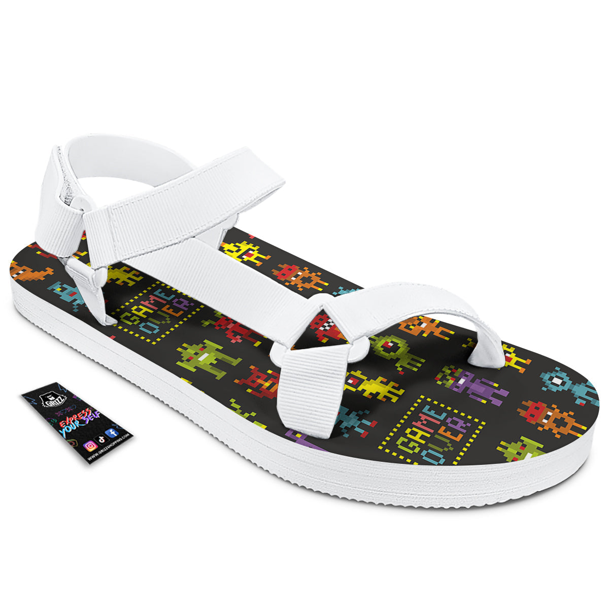 Game Monsters 8-Bit Video Print Pattern White Open Toe Sandals-grizzshop