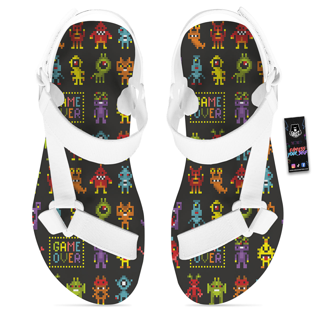 Game Monsters 8-Bit Video Print Pattern White Open Toe Sandals-grizzshop