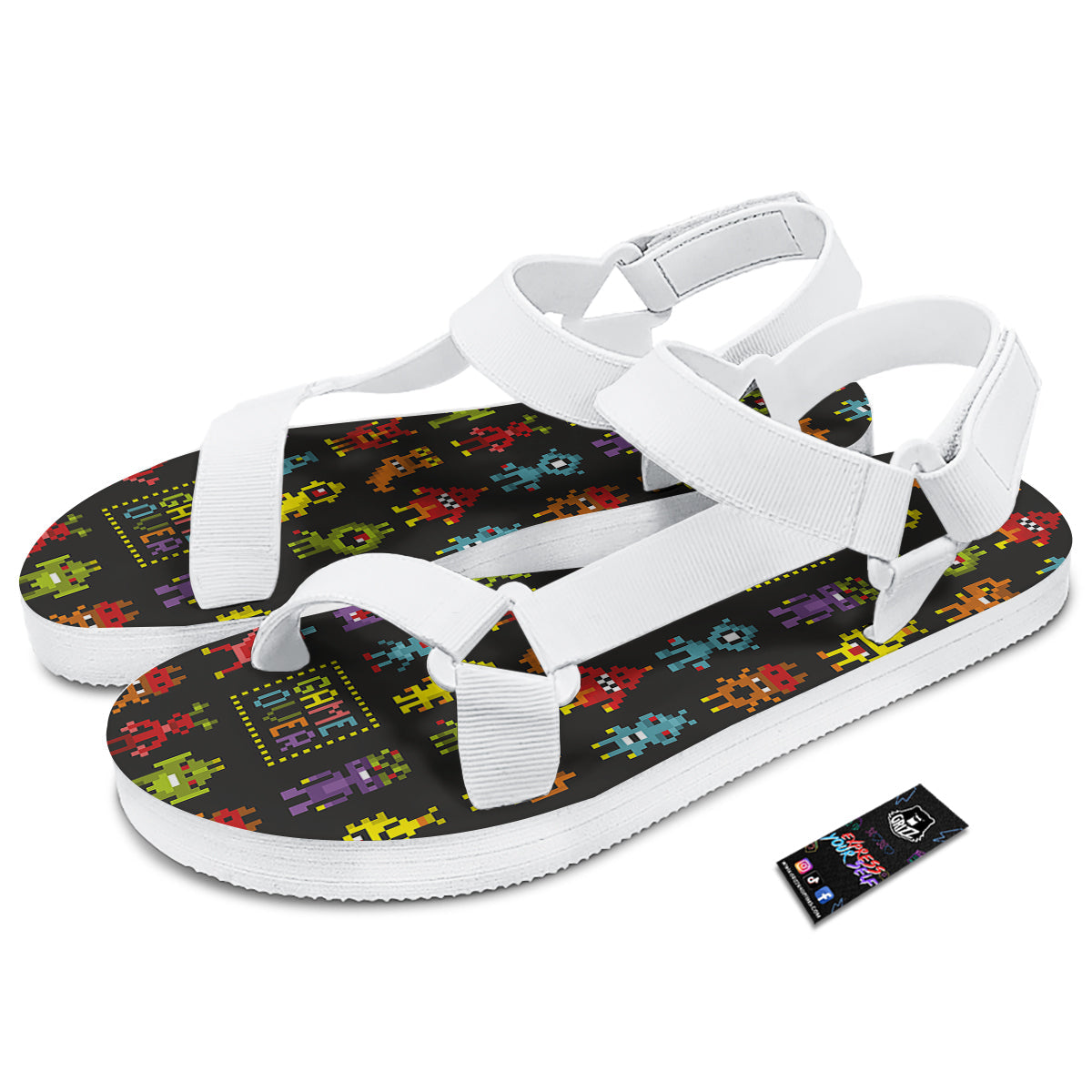 Game Monsters 8-Bit Video Print Pattern White Open Toe Sandals-grizzshop