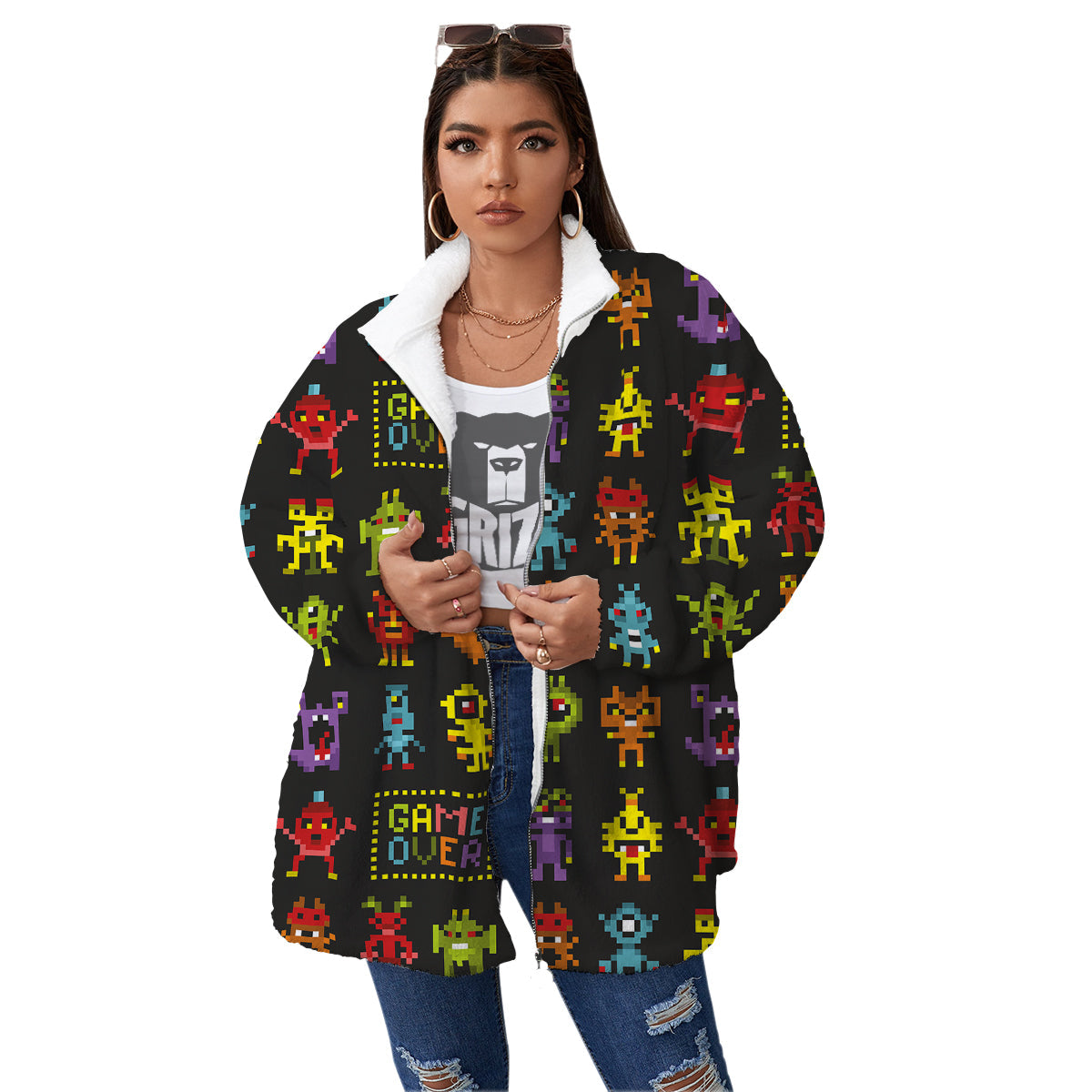 Game Monsters 8-Bit Video Print Pattern Women's Sherpa Jacket-grizzshop
