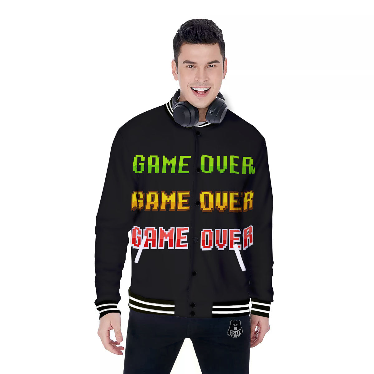 Game Over 8-Bit Print Baseball Jacket-grizzshop