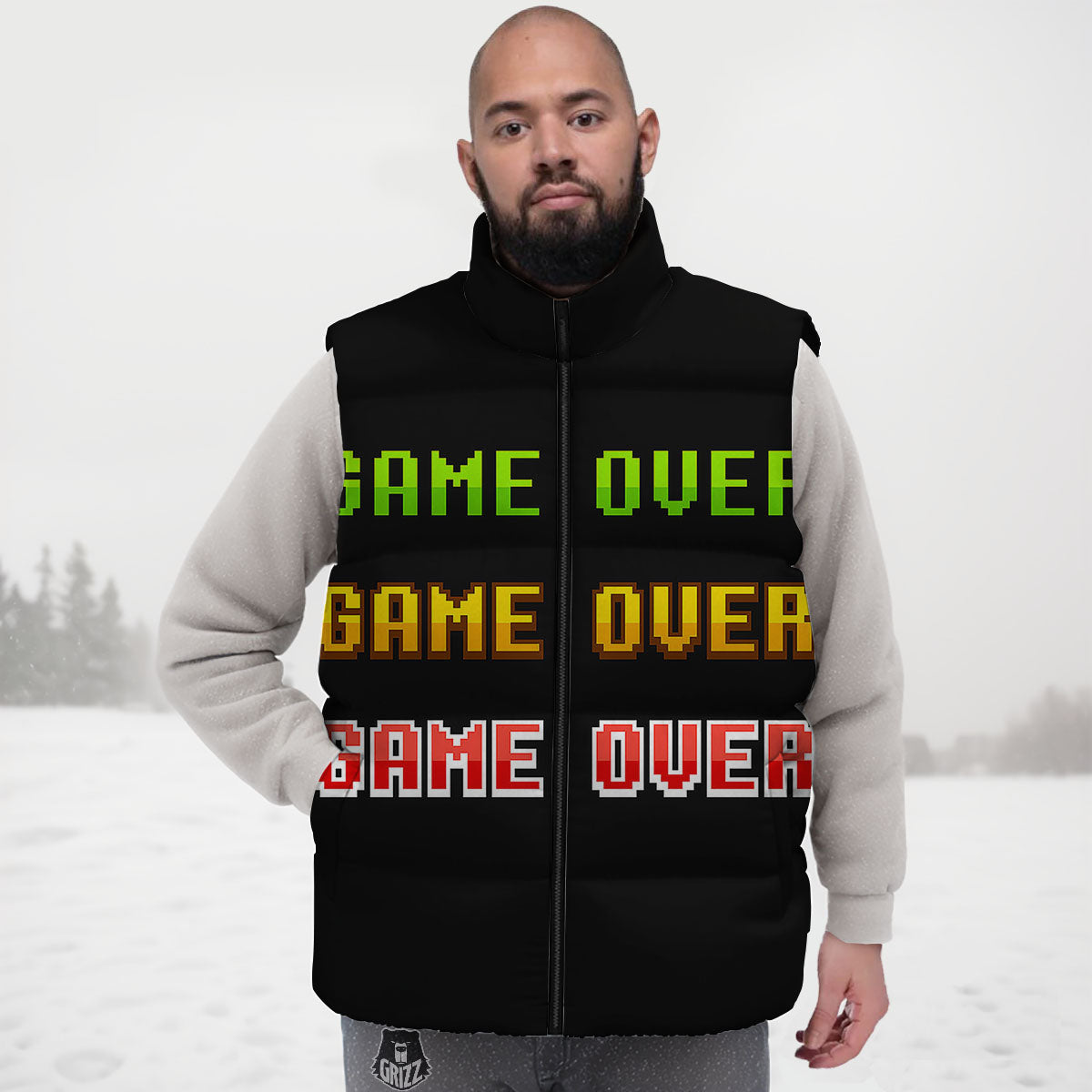 Game Over 8-Bit Print Down Vest-grizzshop