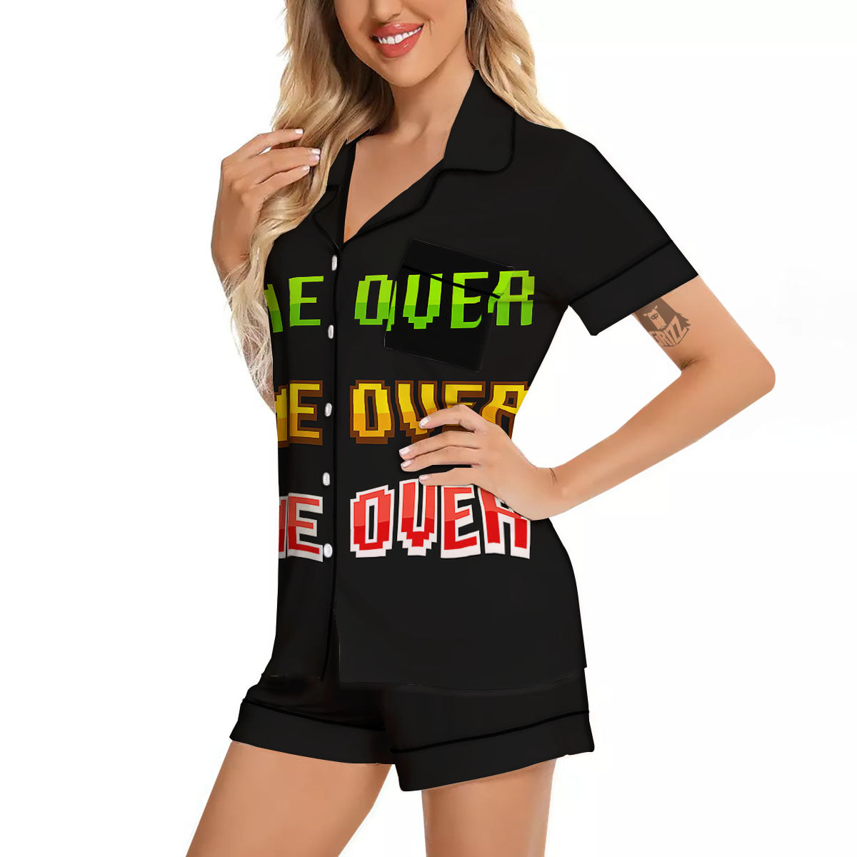 Game Over 8-Bit Print Women Silk Pajamas-grizzshop