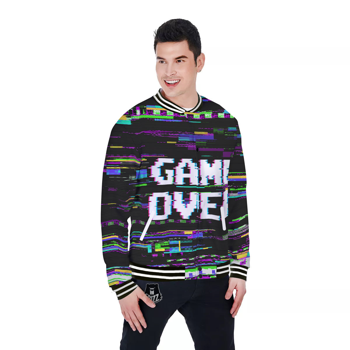 Game Over Text Glitch Effect Print Baseball Jacket-grizzshop