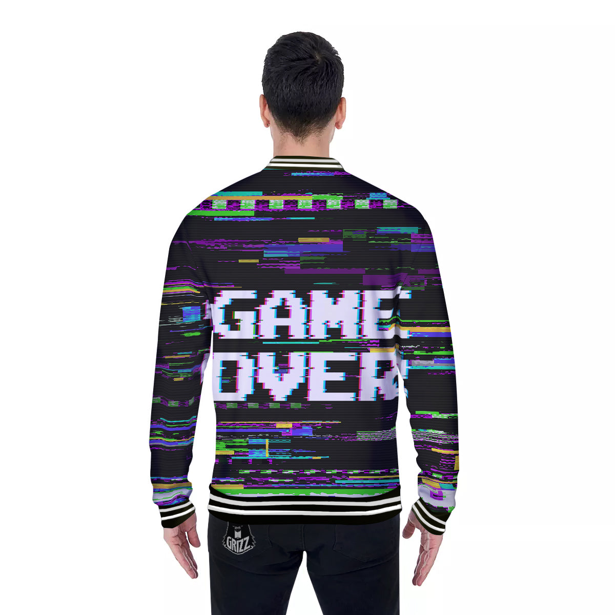 Game Over Text Glitch Effect Print Baseball Jacket-grizzshop