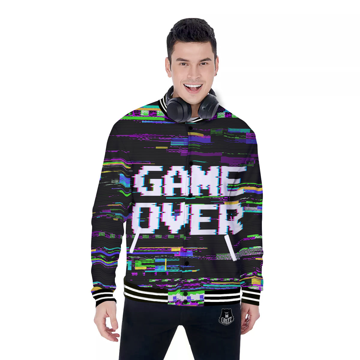 Game Over Text Glitch Effect Print Baseball Jacket-grizzshop