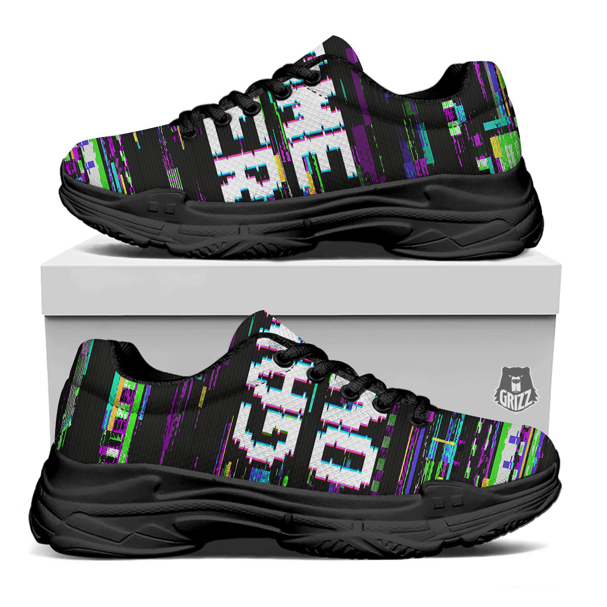 Game Over Text Glitch Effect Print Black Chunky Shoes-grizzshop