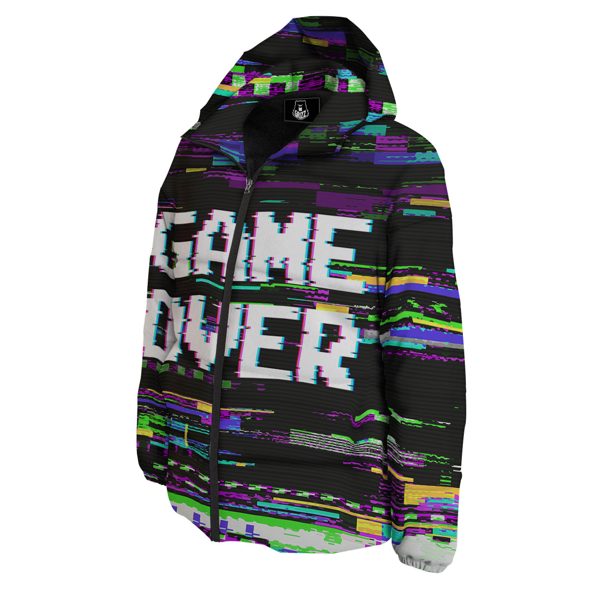 Game Over Text Glitch Effect Print Down Jacket-grizzshop
