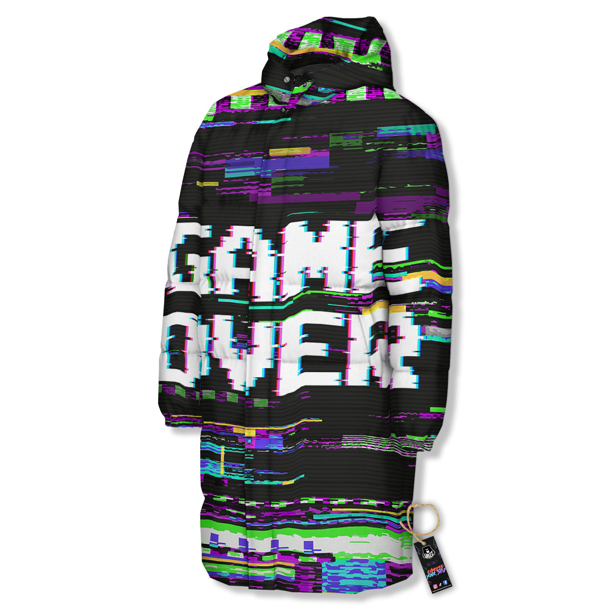 Game Over Text Glitch Effect Print Long Down Jacket-grizzshop