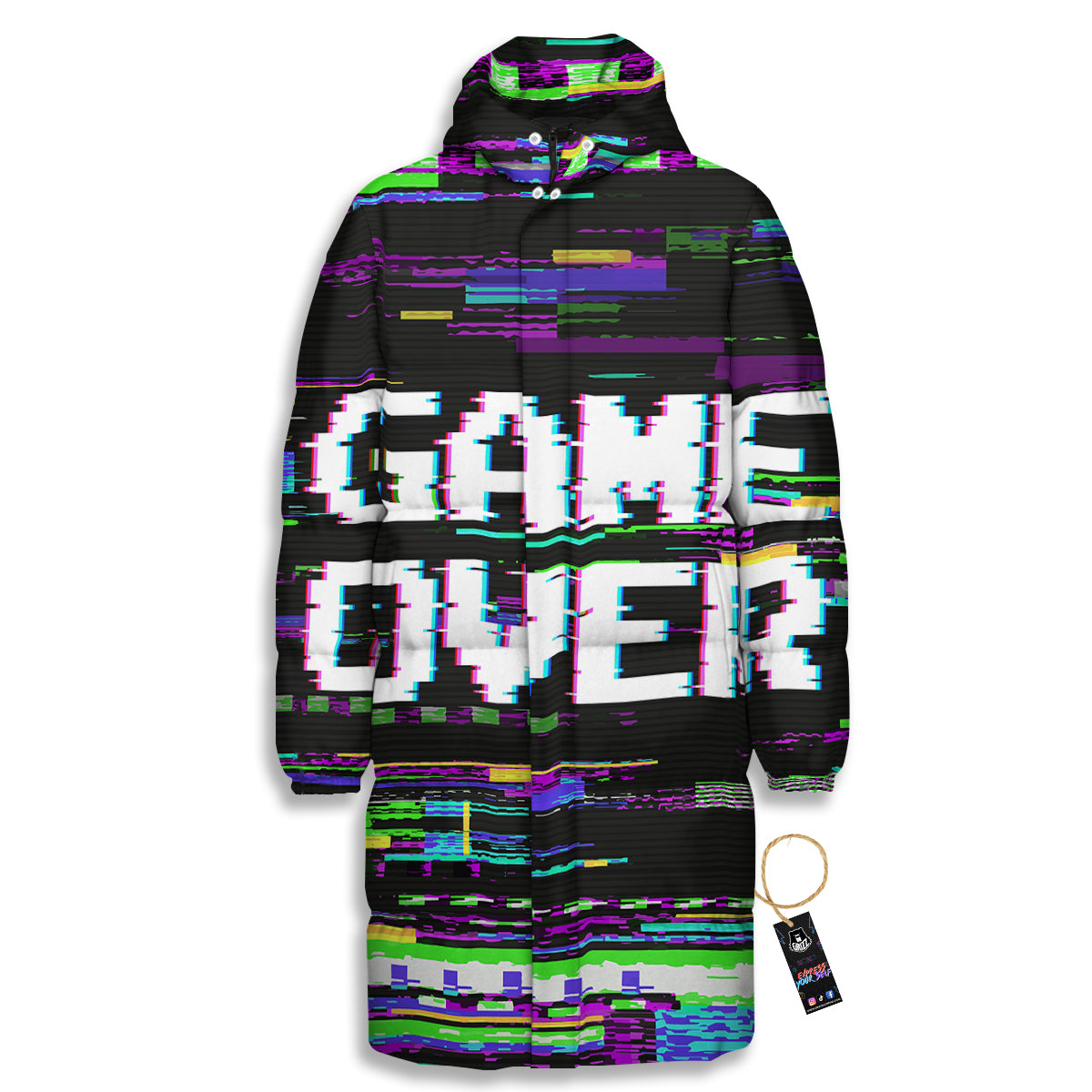 Game Over Text Glitch Effect Print Long Down Jacket-grizzshop
