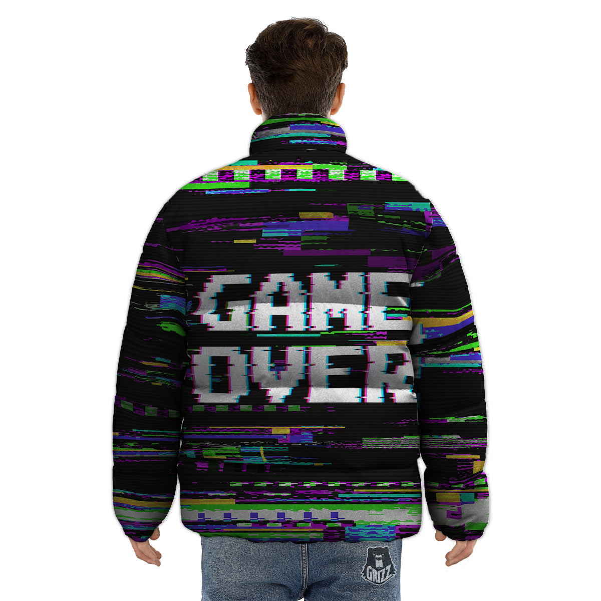 Game Over Text Glitch Effect Print Puffer Jacket-grizzshop