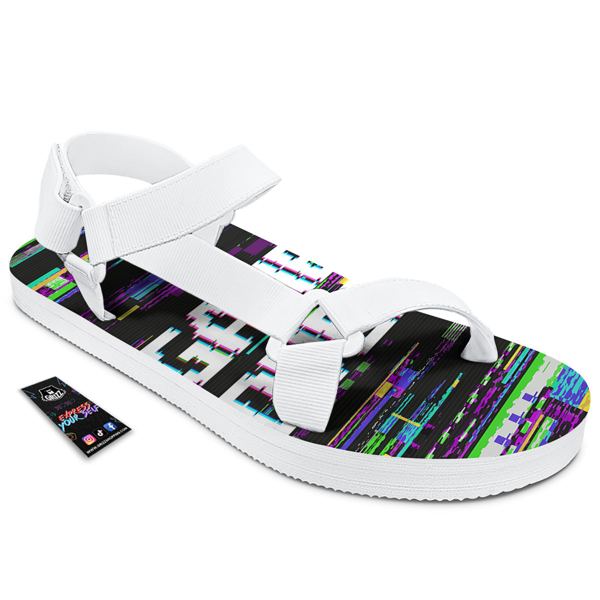 Game Over Text Glitch Effect Print White Open Toe Sandals-grizzshop
