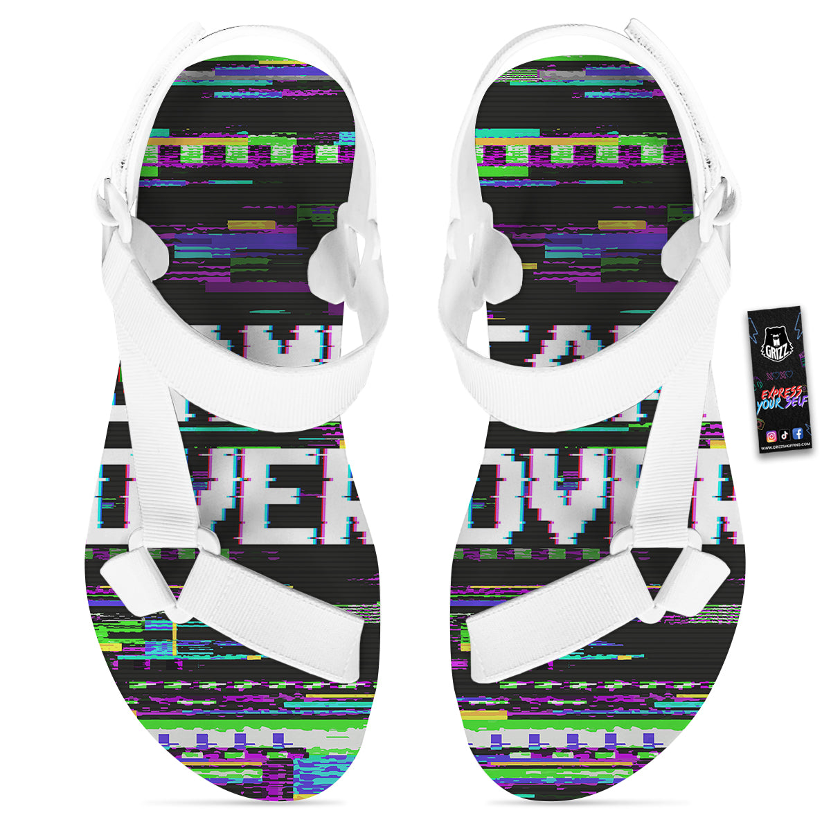 Game Over Text Glitch Effect Print White Open Toe Sandals-grizzshop