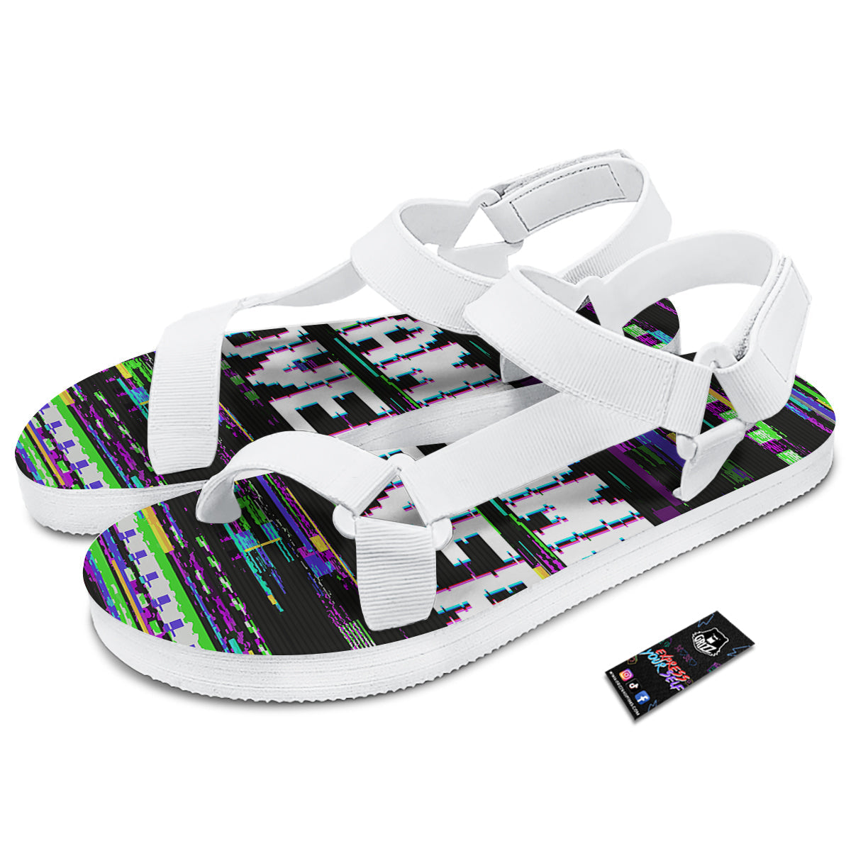 Game Over Text Glitch Effect Print White Open Toe Sandals-grizzshop