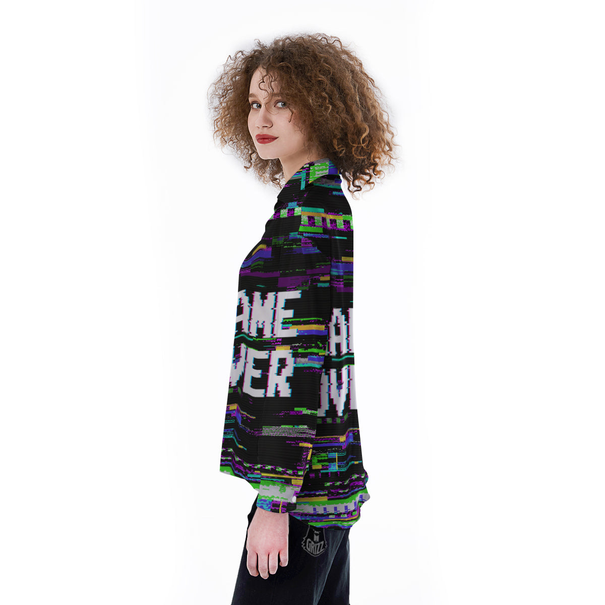 Game Over Text Glitch Effect Print Women's Long Sleeve Shirts-grizzshop