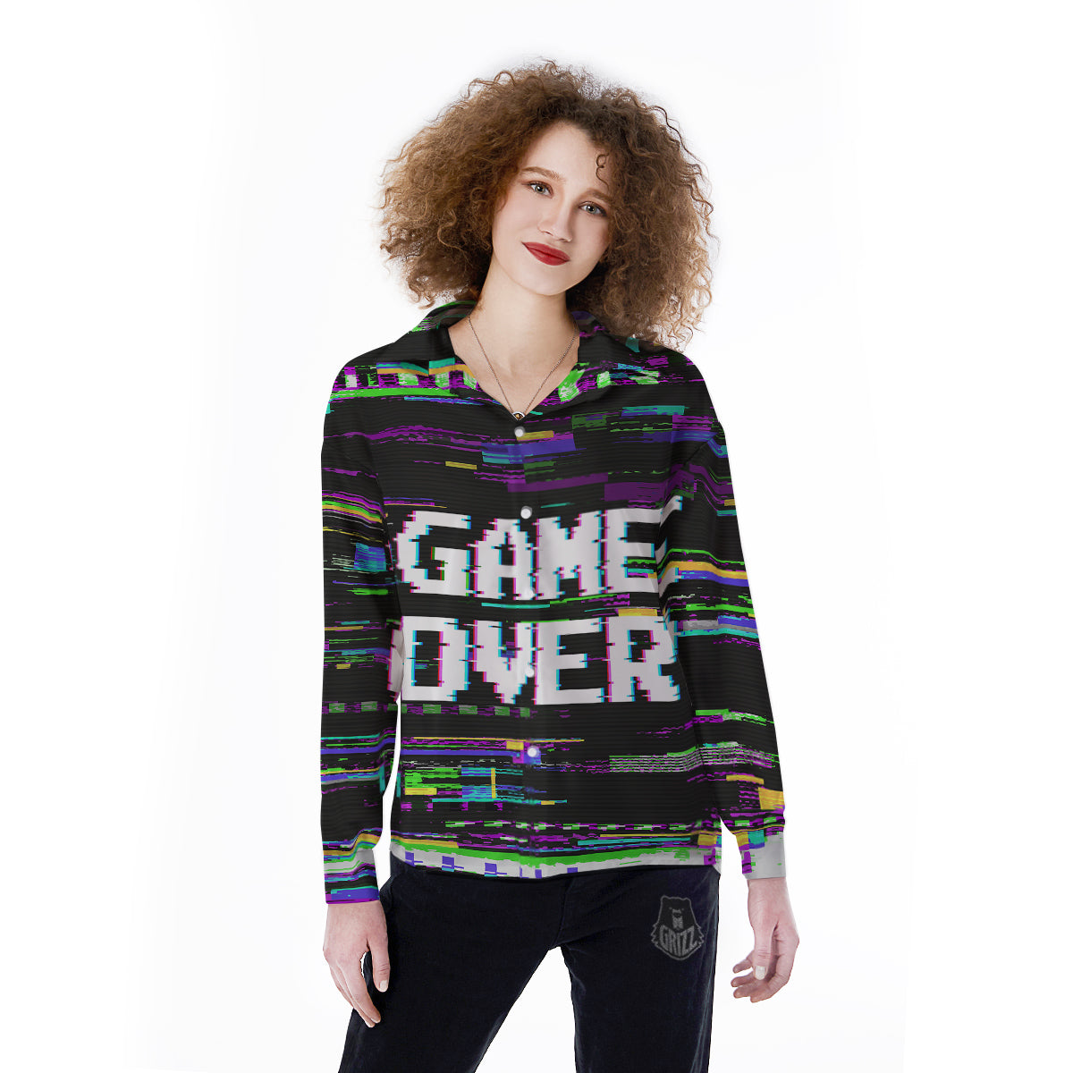 Game Over Text Glitch Effect Print Women's Long Sleeve Shirts-grizzshop
