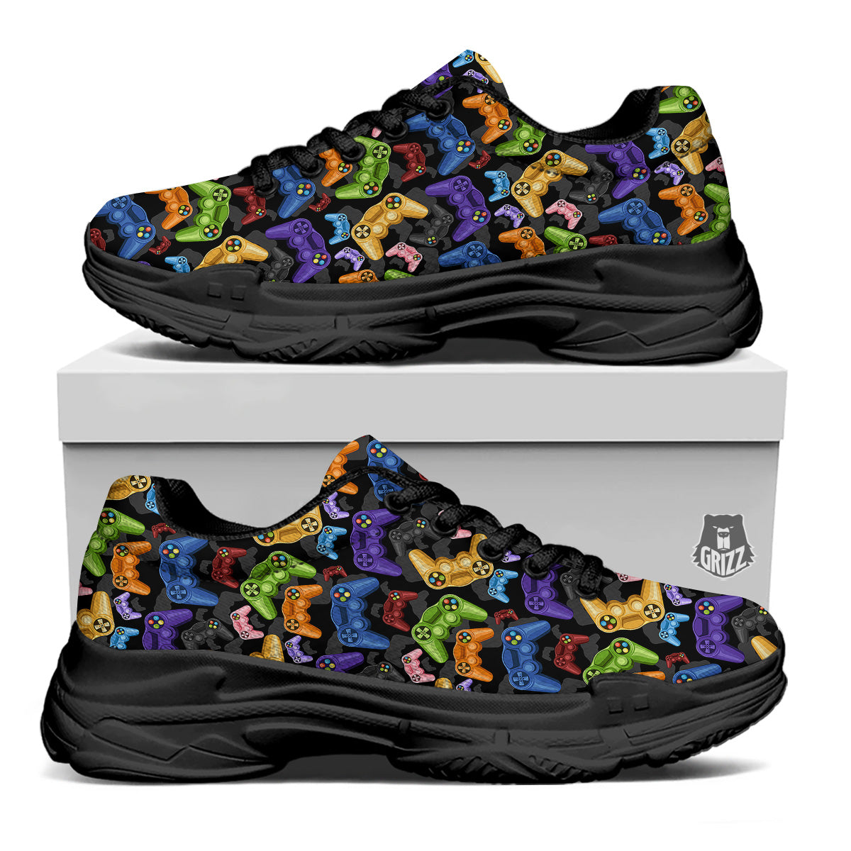 Game Pads Colorful Print Pattern Black Chunky Shoes-grizzshop