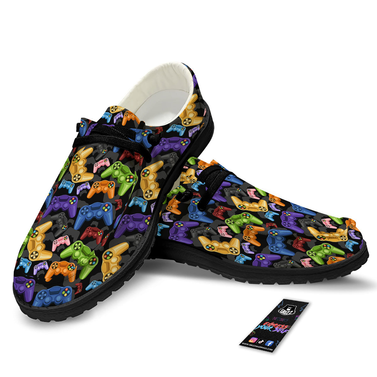 Game Pads Colorful Print Pattern Black Loafers-grizzshop