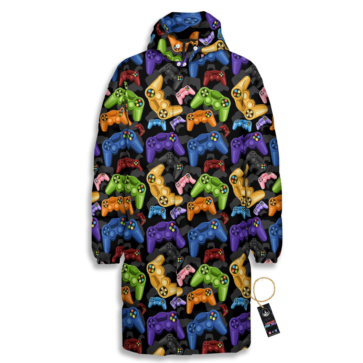 Game Pads Colorful Print Pattern Long Down Jacket-grizzshop