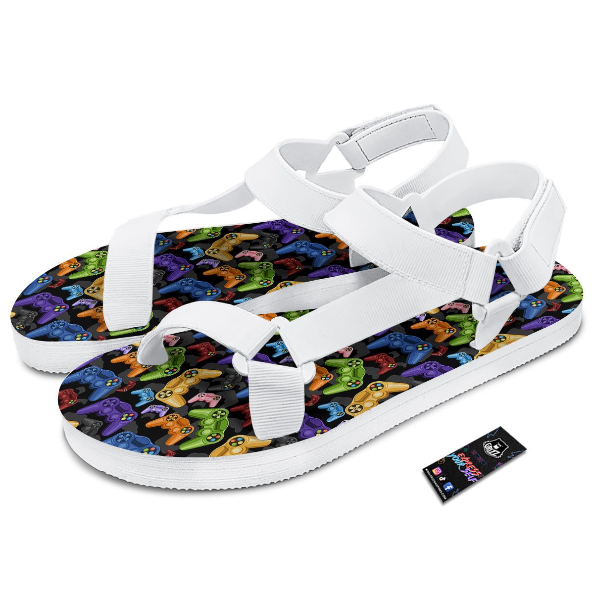 Game Pads Colorful Print Pattern White Open Toe Sandals-grizzshop