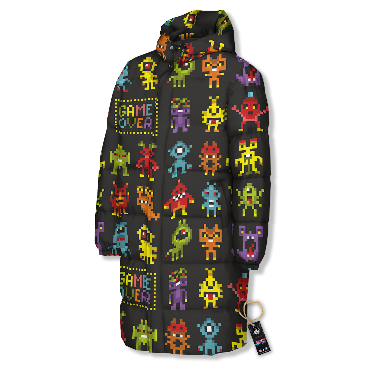 Game Monsters 8-Bit Video Print Pattern Long Down Jacket