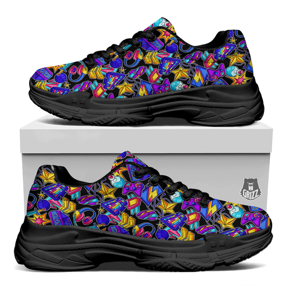 Gaming Items Colorful Print Pattern Black Chunky Shoes-grizzshop