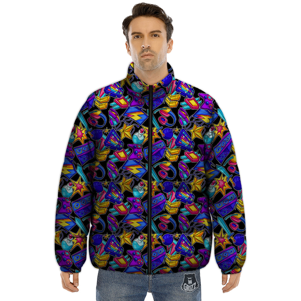 Gaming Items Colorful Print Pattern Puffer Jacket-grizzshop