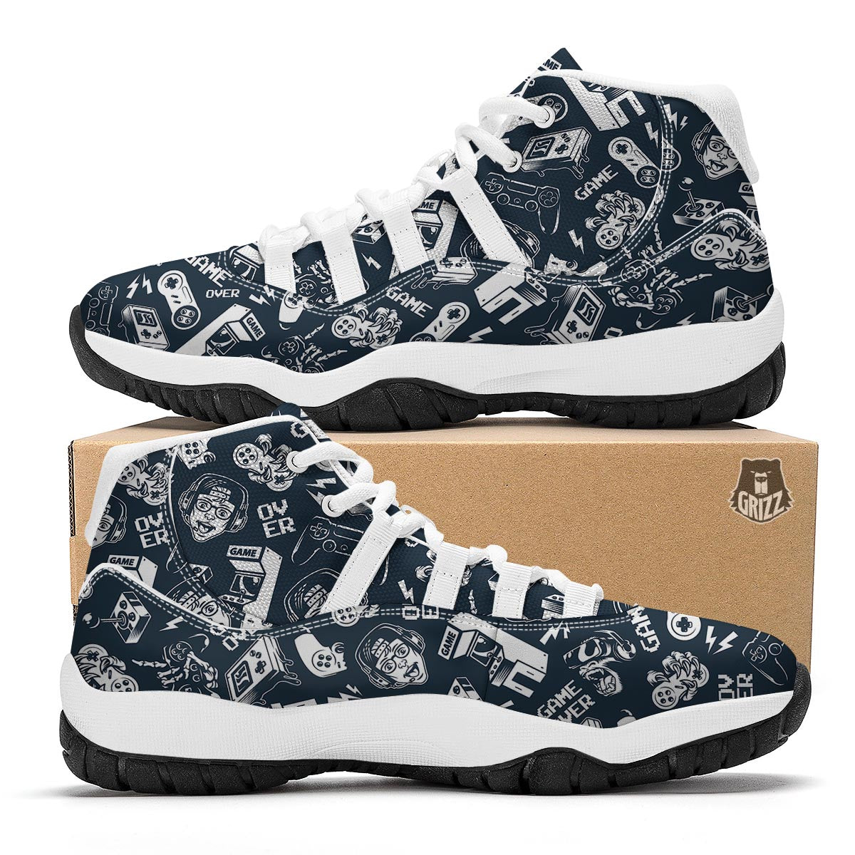 Gaming Pattern Print White Bball Shoes-grizzshop