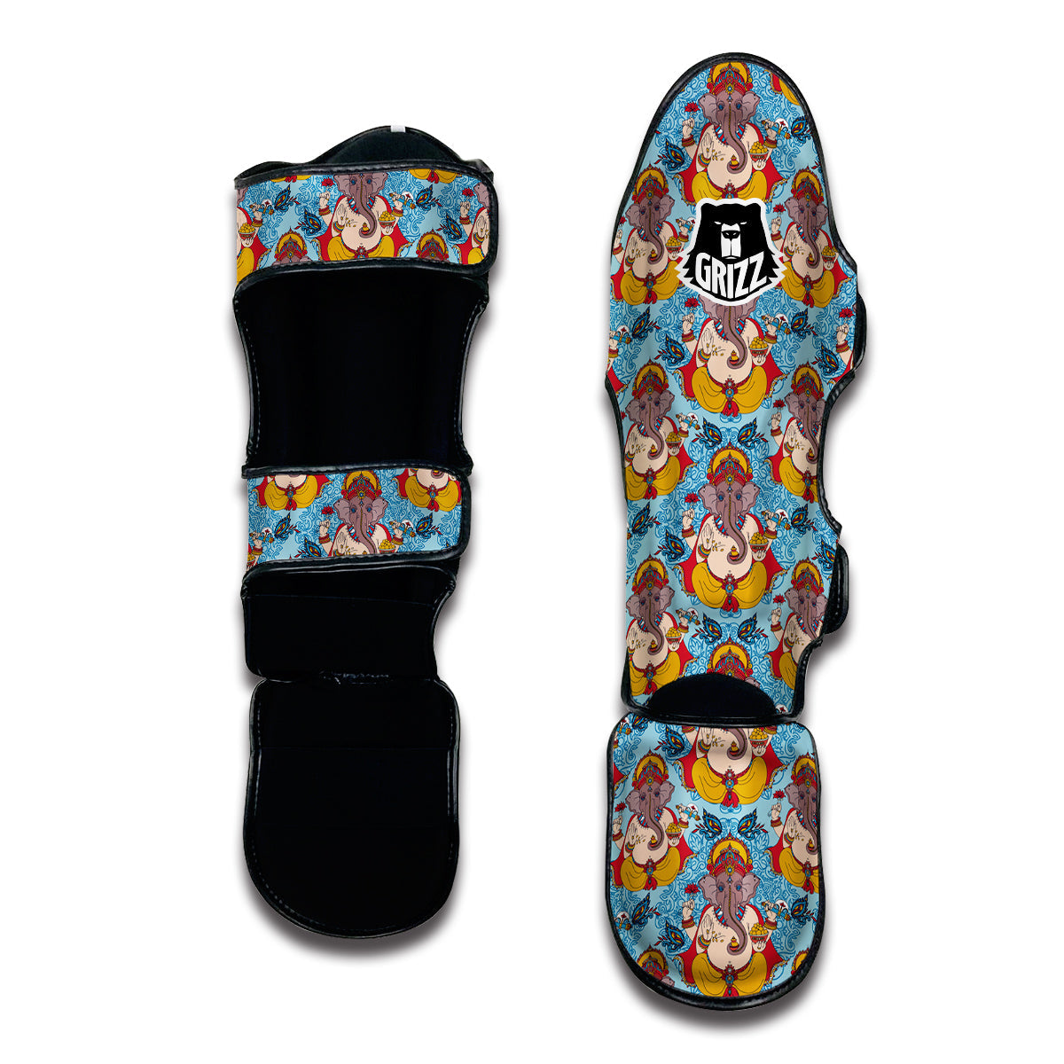 Ganesha Blue Pattern Print Muay Thai Shin Guards-grizzshop