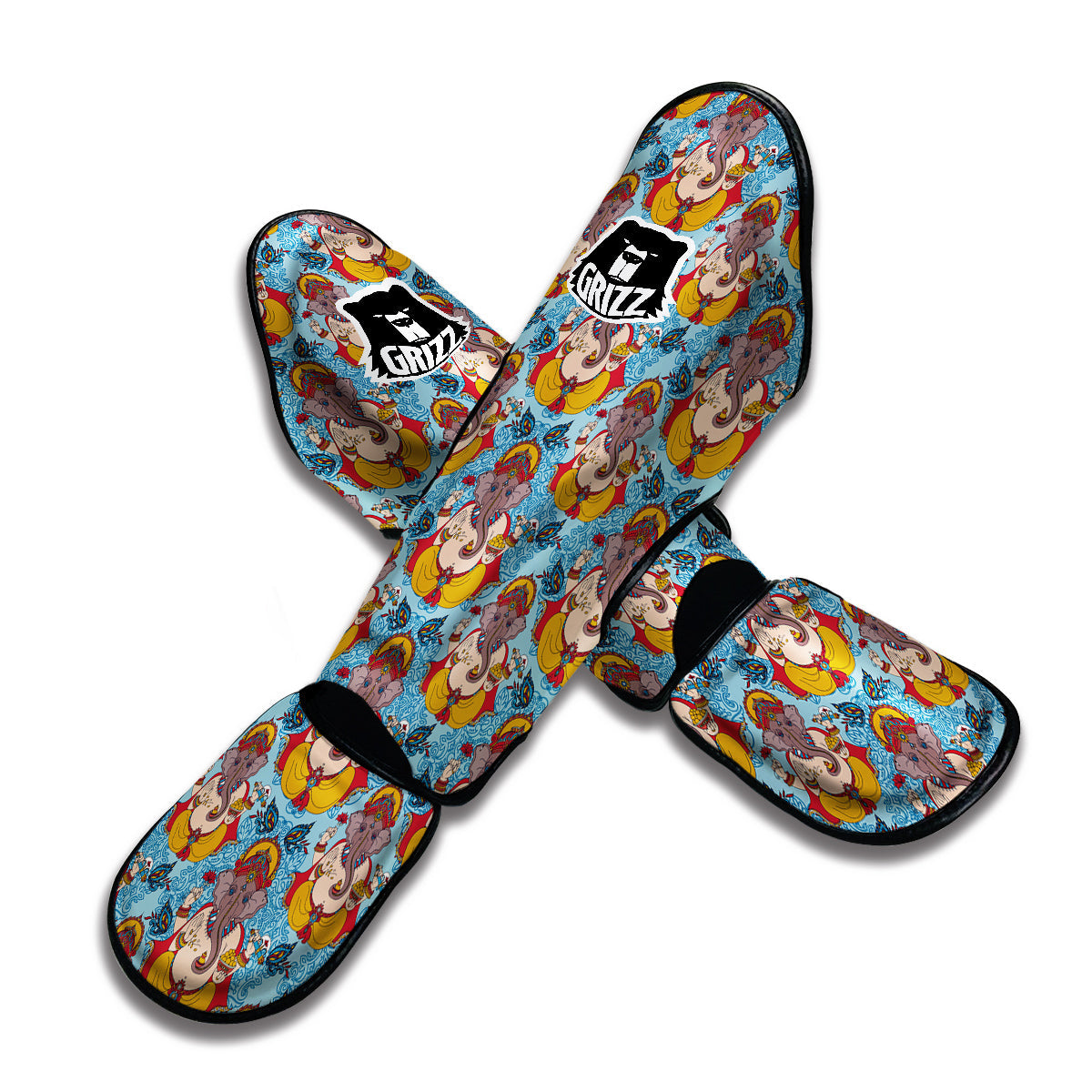 Ganesha Blue Pattern Print Muay Thai Shin Guards-grizzshop