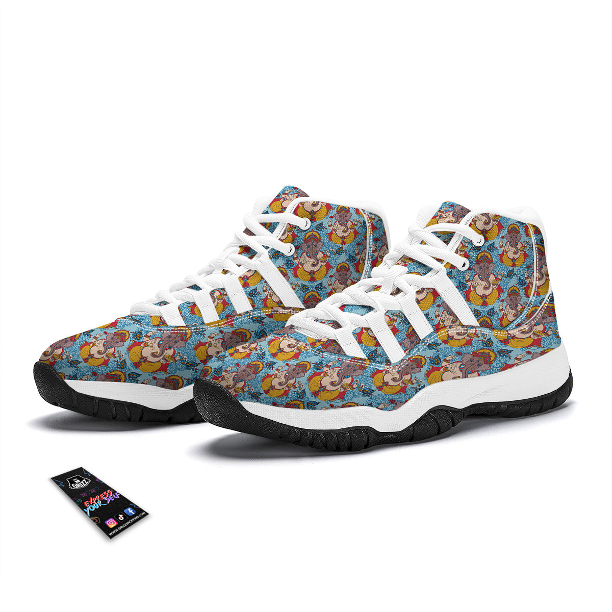 Ganesha Blue Pattern Print White Bball Shoes-grizzshop