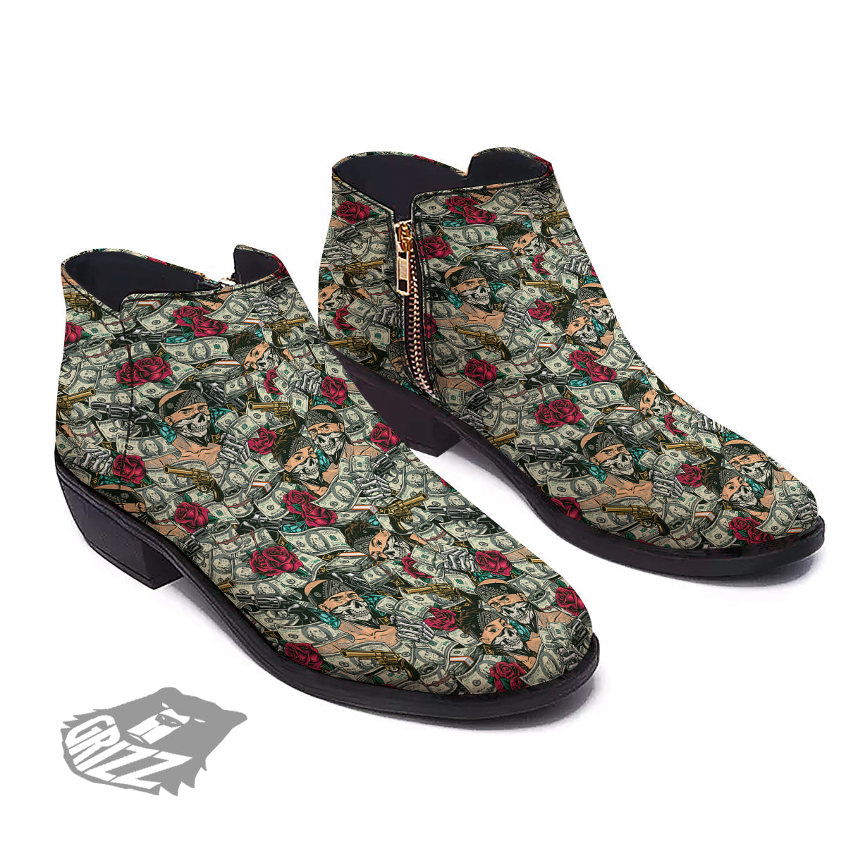 Gang Gun And Money Vintage Print Pattern Ankle Boots-grizzshop