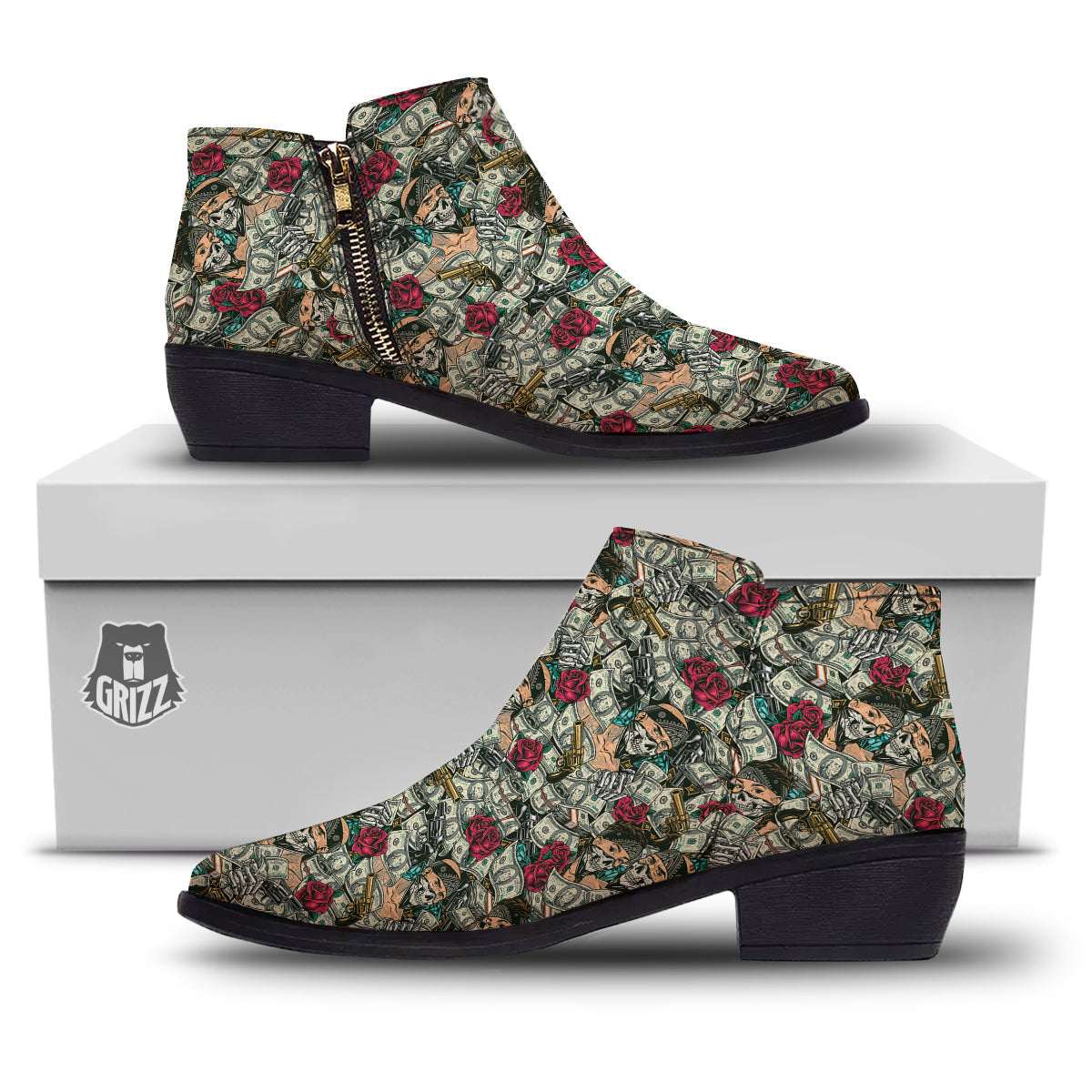 Gang Gun And Money Vintage Print Pattern Ankle Boots-grizzshop