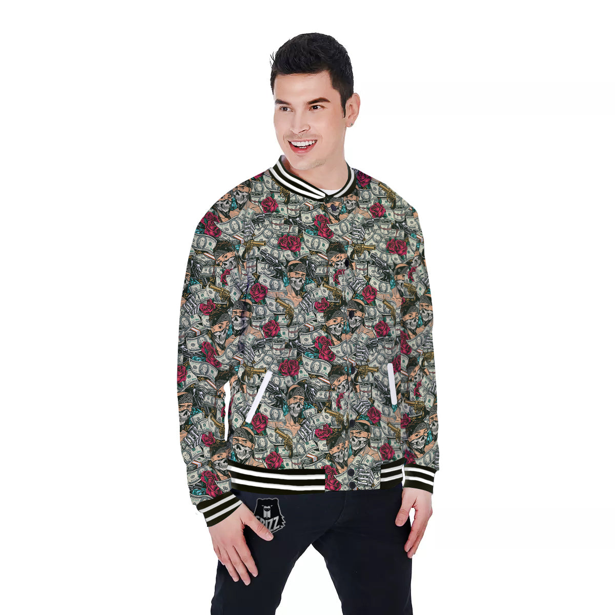 Gang Gun And Money Vintage Print Pattern Baseball Jacket-grizzshop