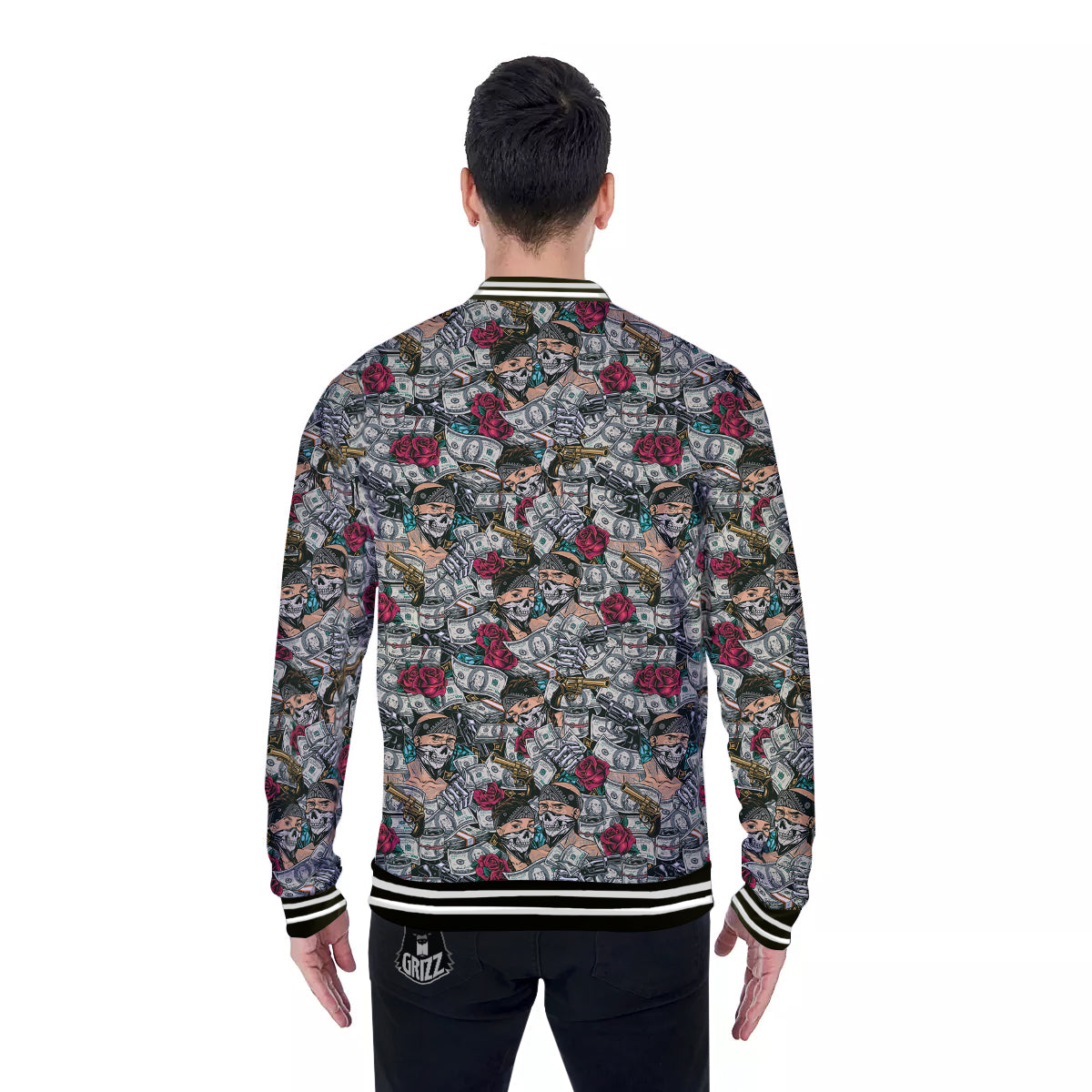 Gang Gun And Money Vintage Print Pattern Baseball Jacket-grizzshop