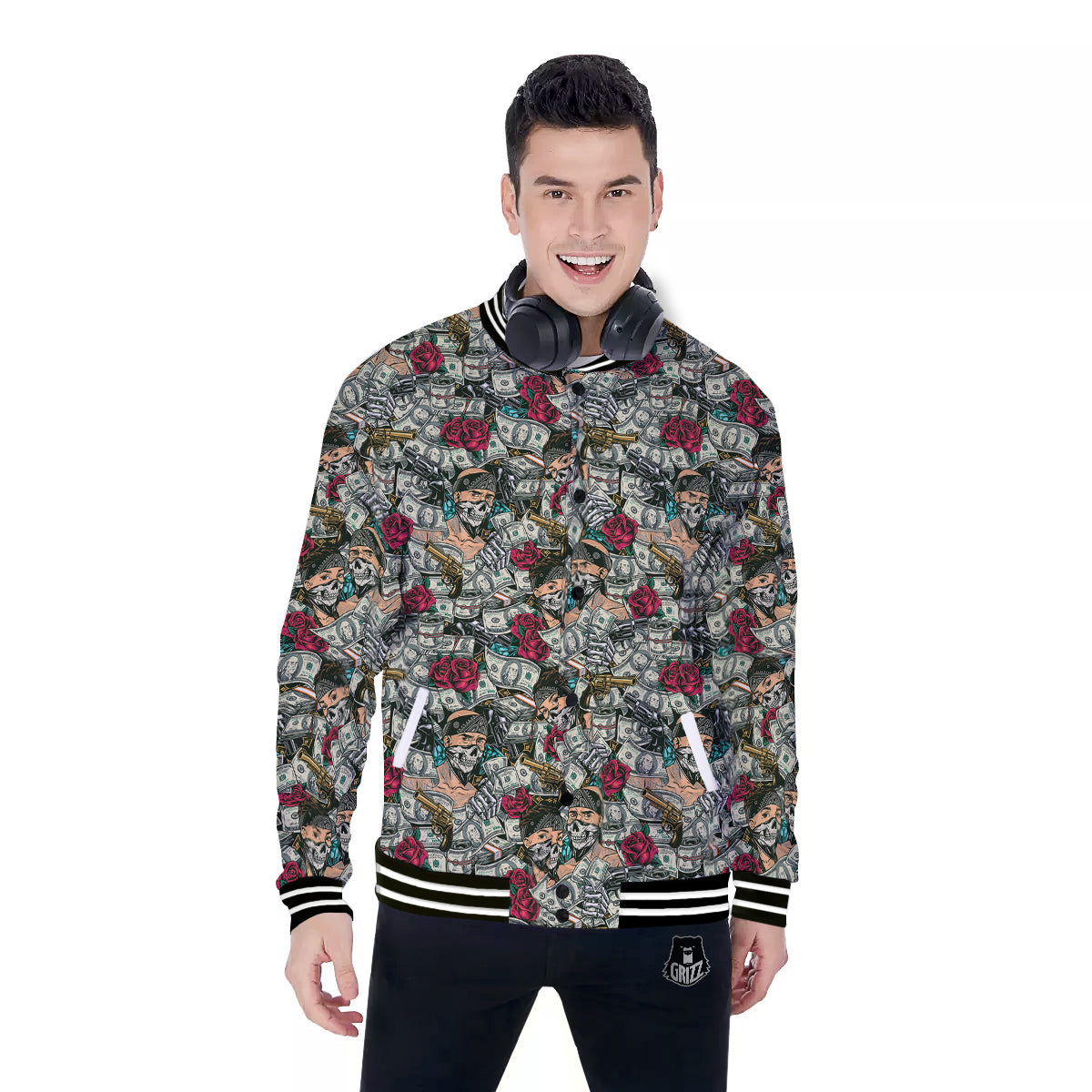 Gang Gun And Money Vintage Print Pattern Baseball Jacket-grizzshop