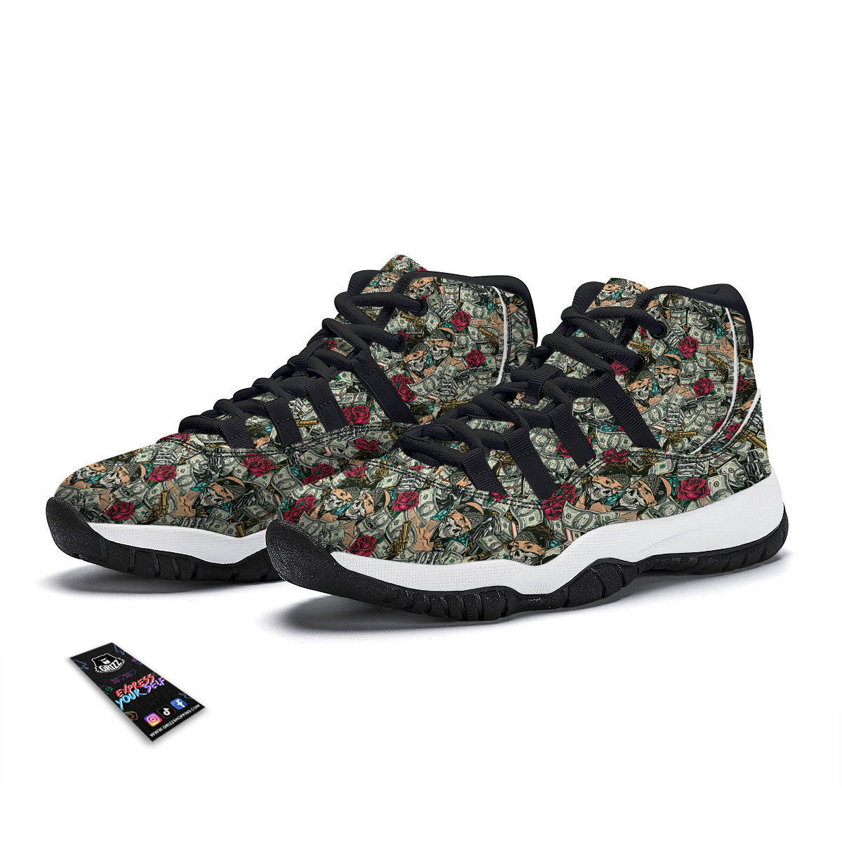 Gang Gun And Money Vintage Print Pattern Black Bball Shoes-grizzshop