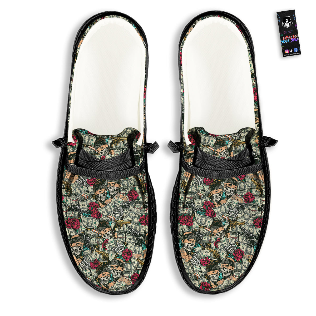 Gang Gun And Money Vintage Print Pattern Black Loafers-grizzshop