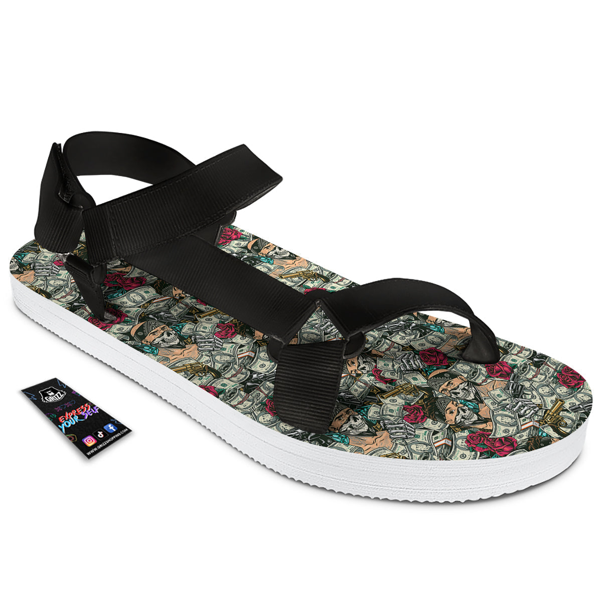 Gang Gun And Money Vintage Print Pattern Black Open Toe Sandals-grizzshop